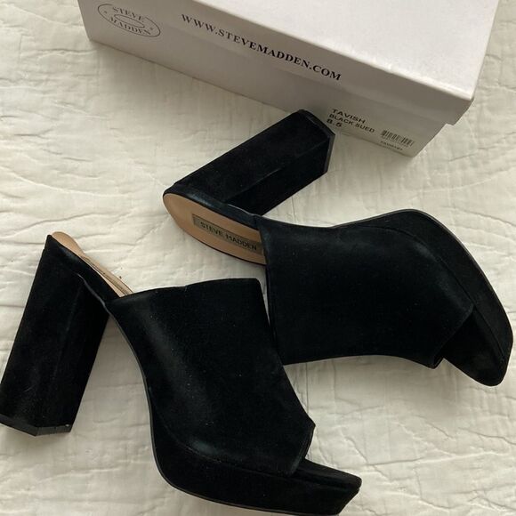 Steve Madden Tavish Black Leather Suede High Heels size 8.5 - Picture 2 of 8